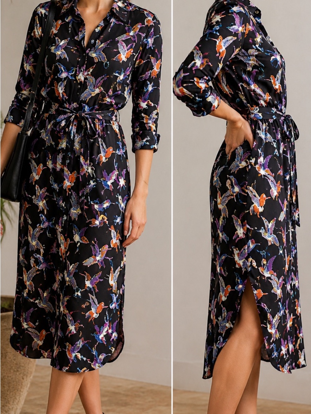 Anthropologie Maeve Martina Songbird Dress Bird Print Midi Shirt Dress Size 8
